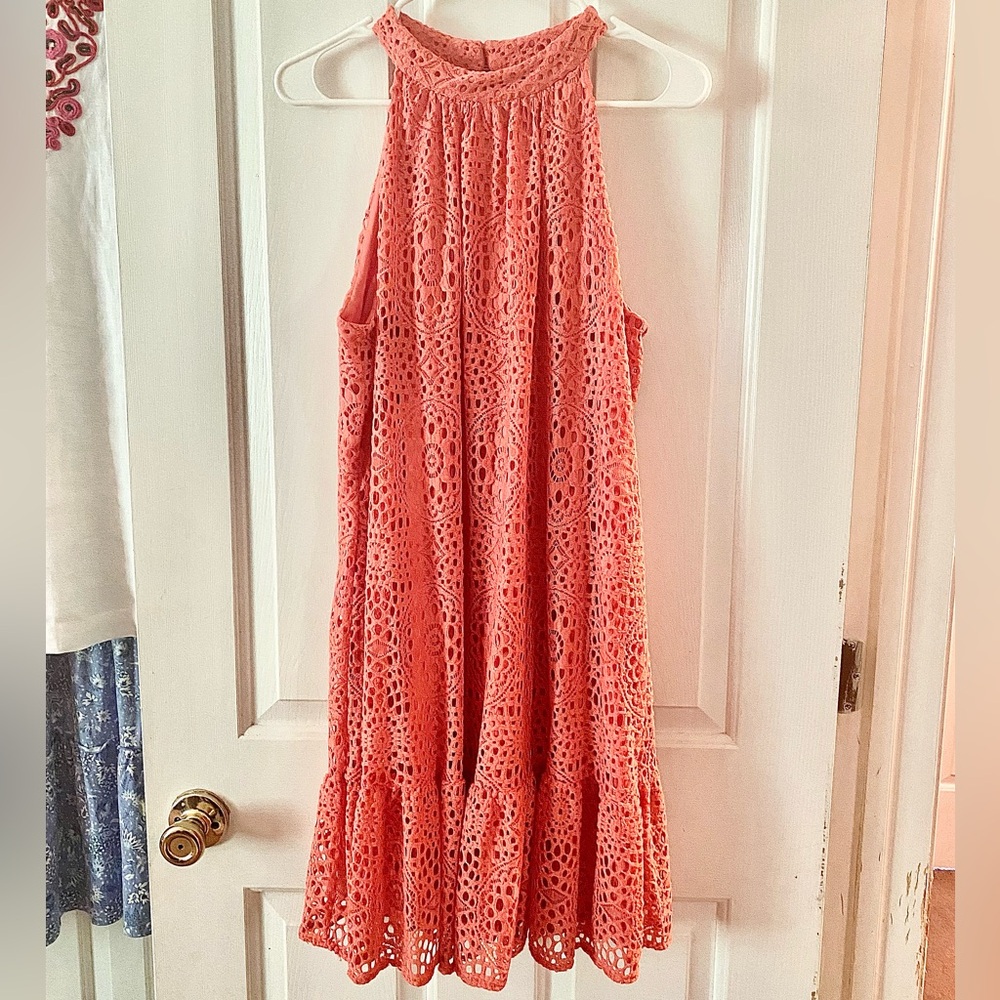 Women’s Coral Peach Lace Overlay Halter Neck Dress size 14